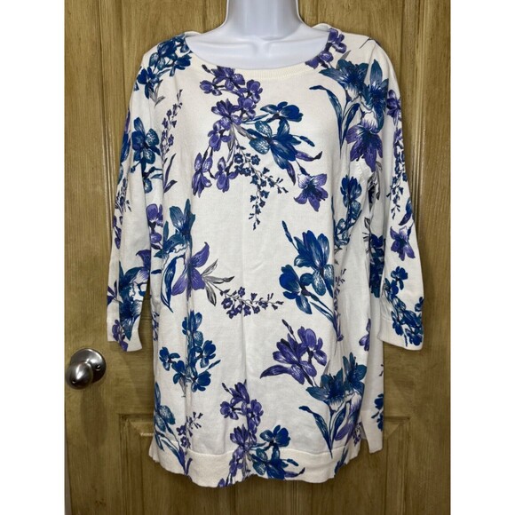 Lands End Sweater Womens Large 100% Supima Cotton Blue Iris Floral White - Picture 1 of 7